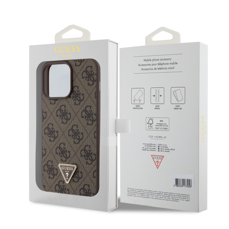 Guess PU 4G Strass háromszög fém logó hátlap iPhone 15 Pro Max barna színűre