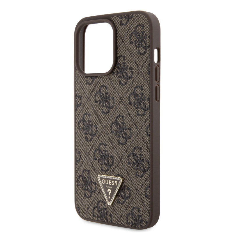 Guess PU 4G Strass háromszög fém logó hátlap iPhone 15 Pro Max barna színűre