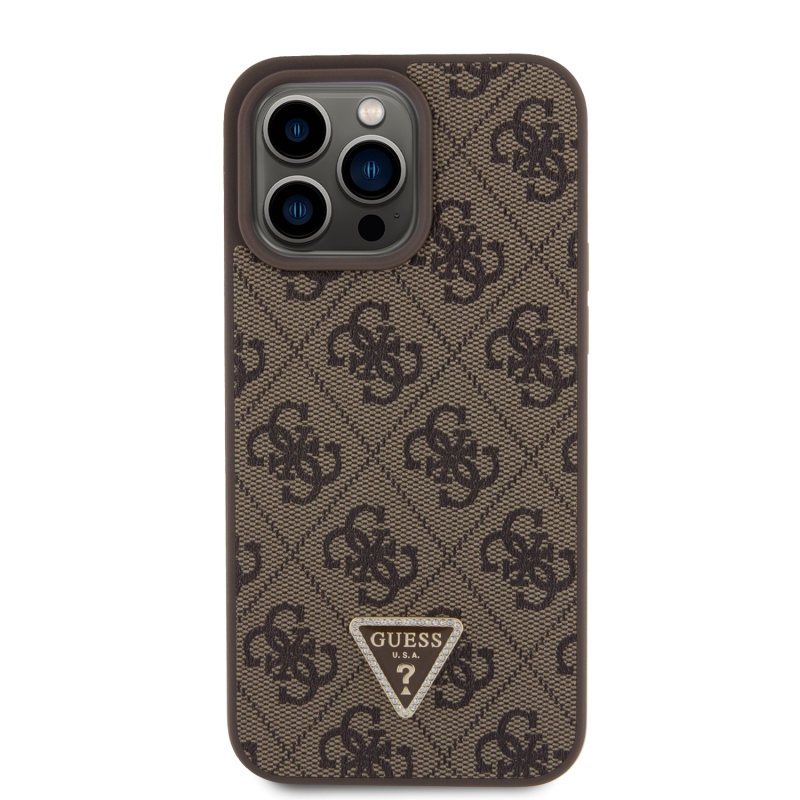 Guess PU 4G Strass háromszög fém logó hátlap iPhone 15 Pro Max barna színűre