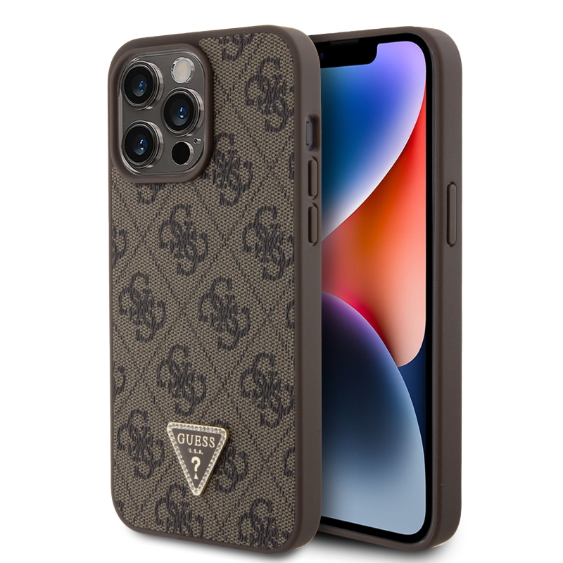 Guess PU 4G Strass háromszög fém logó hátlap iPhone 15 Pro Max barna színűre