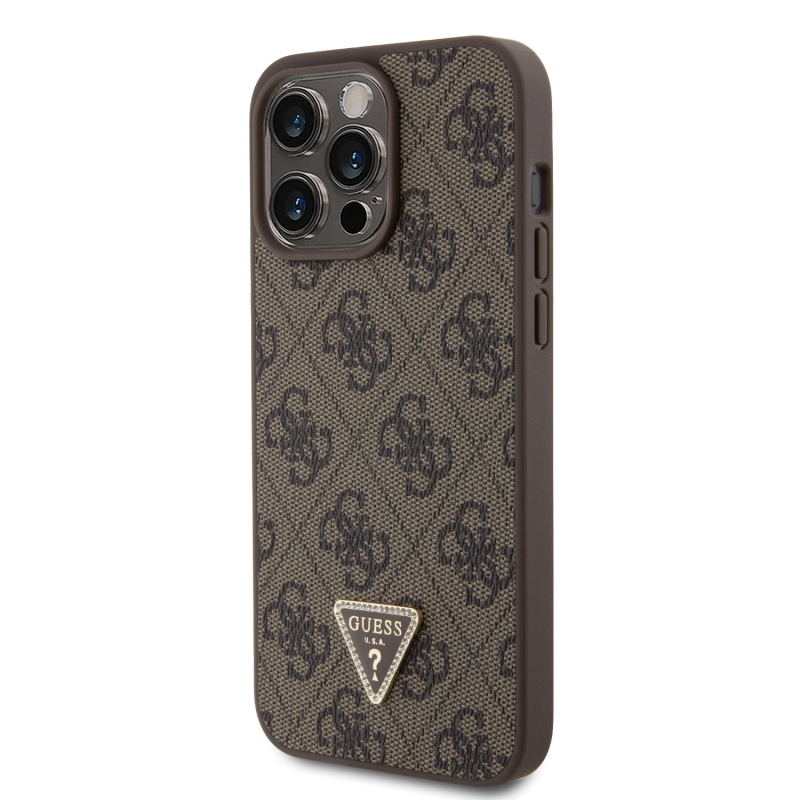 Guess PU 4G Strass háromszög fém logó hátlap iPhone 15 Pro Max barna színűre
