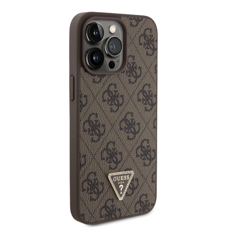 Guess PU 4G Strass háromszög fém logó hátlap iPhone 15 Pro Max barna színűre