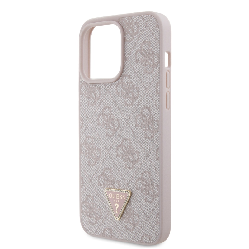 Guess PU 4G Strass háromszög fém logó hátlap iPhone 15 Pro Max rózsaszínűre