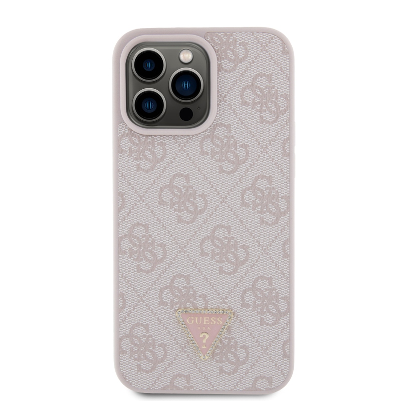 Guess PU 4G Strass háromszög fém logó hátlap iPhone 15 Pro Max rózsaszínűre