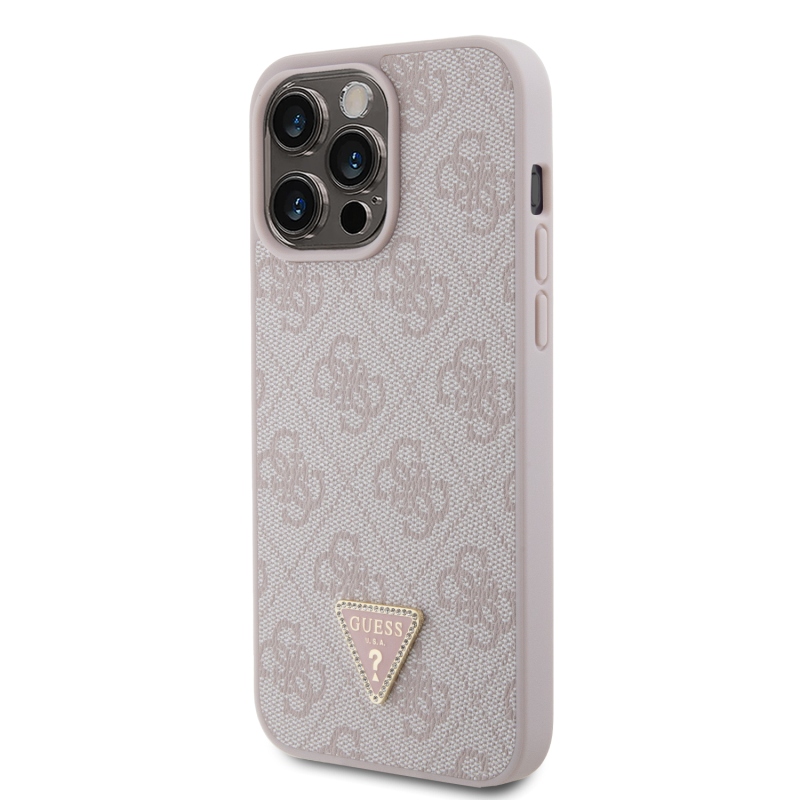 Guess PU 4G Strass háromszög fém logó hátlap iPhone 15 Pro Max rózsaszínűre