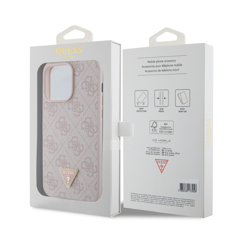 Guess PU 4G Strass háromszög fém logó hátlap iPhone 15 Pro Max rózsaszínűre