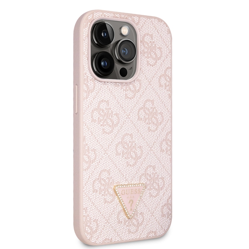 Guess PU 4G Strass háromszög fém logó hátlap iPhone 15 Pro rózsaszínűre