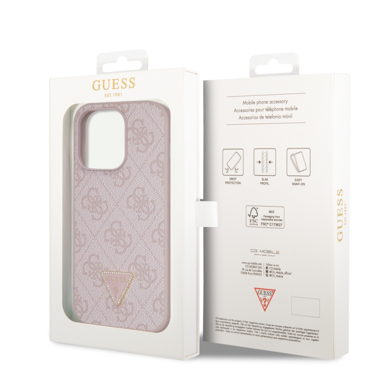Guess PU 4G Strass háromszög fém logó hátlap iPhone 15 Pro rózsaszínűre
