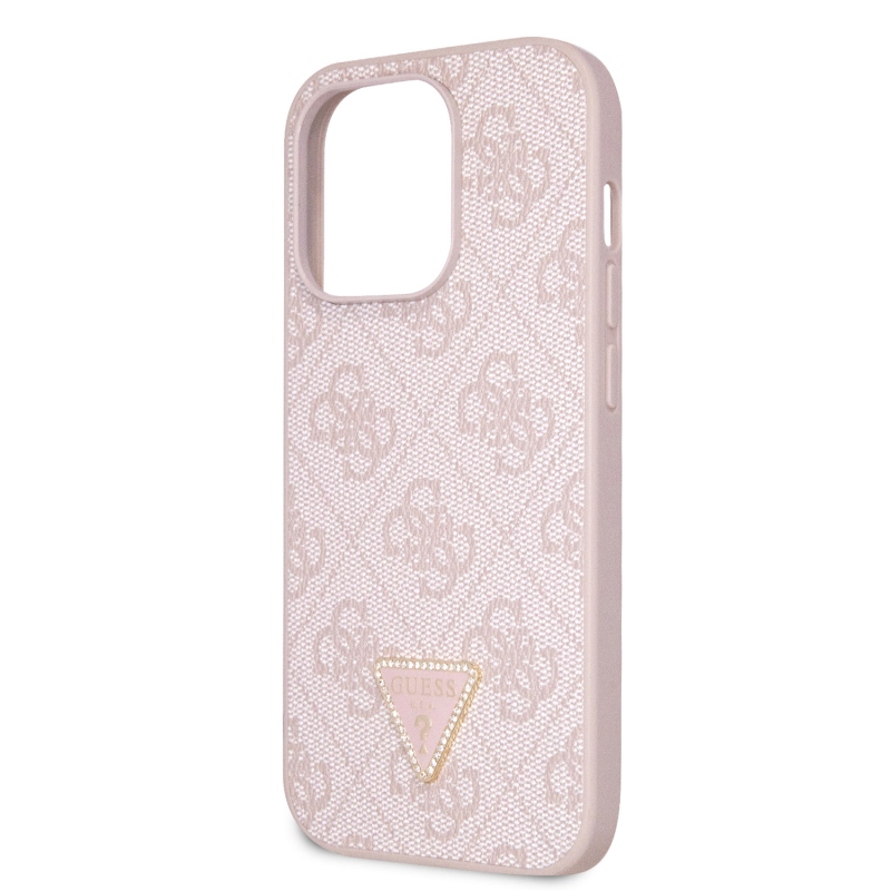 Guess PU 4G Strass háromszög fém logó hátlap iPhone 15 Pro rózsaszínűre