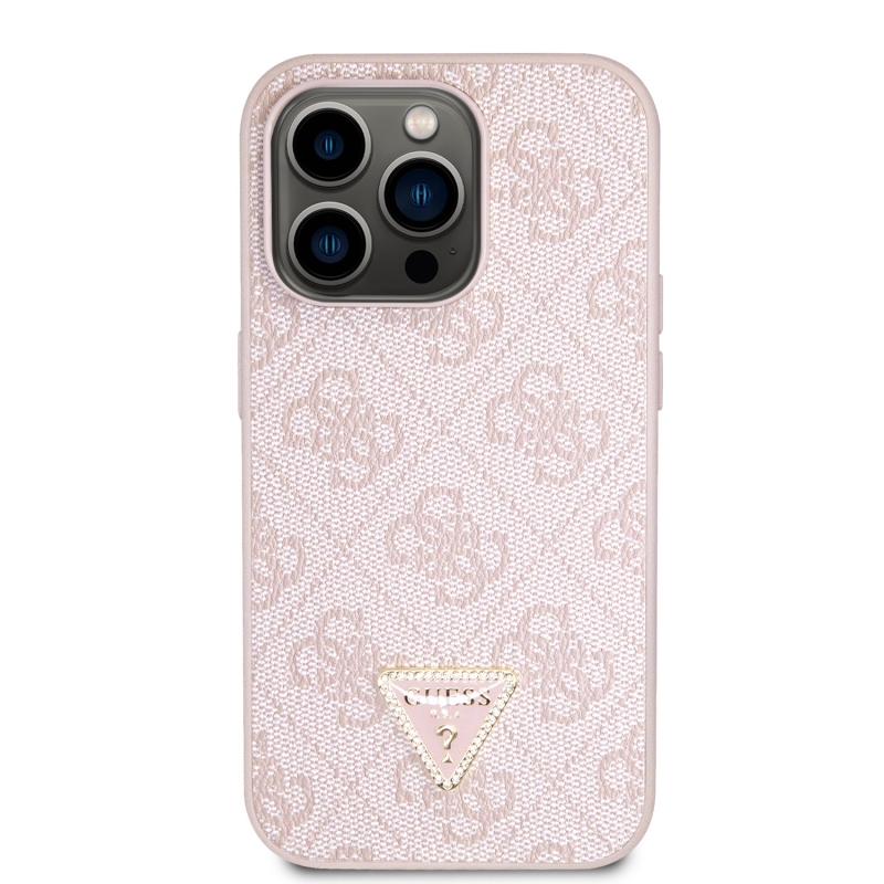 Guess PU 4G Strass háromszög fém logó hátlap iPhone 15 Pro rózsaszínűre
