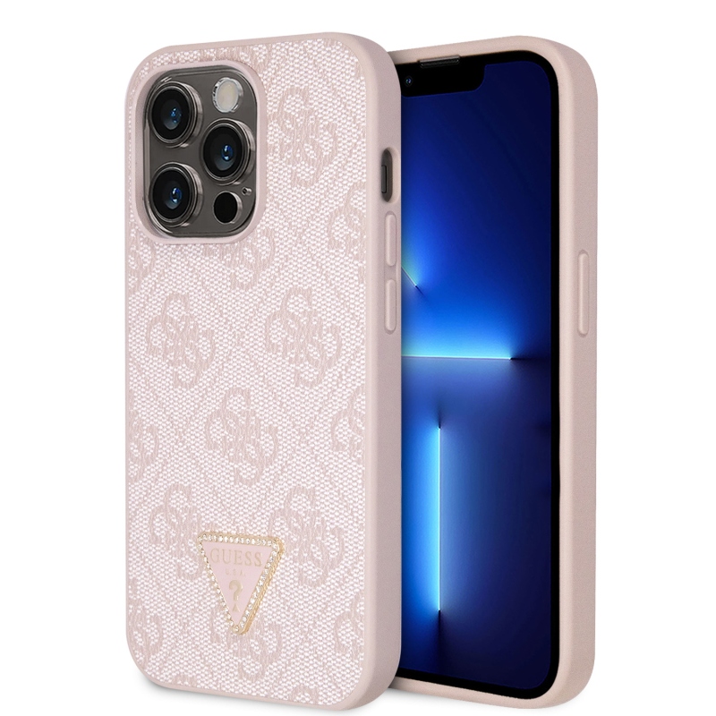 Guess PU 4G Strass háromszög fém logó hátlap iPhone 15 Pro rózsaszínűre
