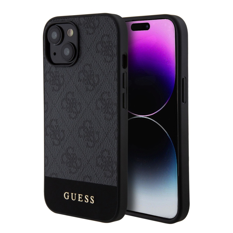 Guess PU 4G csíkos MagSafe hátlap az iPhone 15 készülékhez Fekete