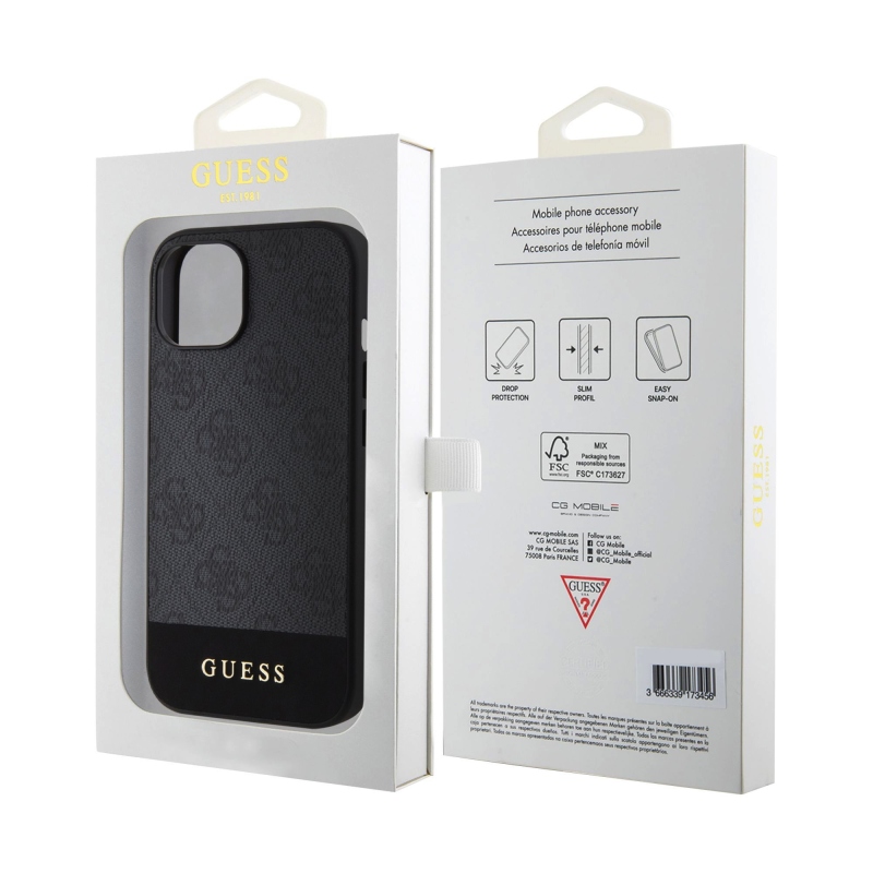 Guess PU 4G csíkos MagSafe hátlap az iPhone 15 készülékhez Fekete