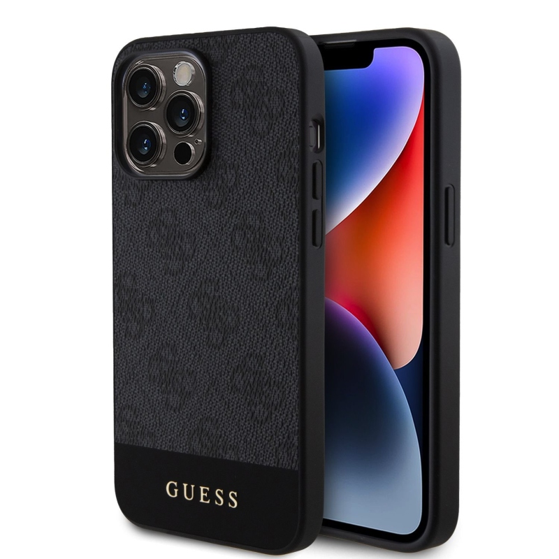 Guess PU 4G csíkos MagSafe hátlap az iPhone 15 Pro-hoz Fekete