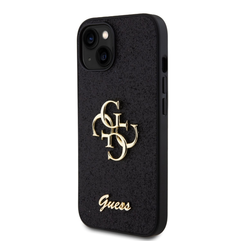 Guess PU Fixed Glitter 4G fém logó hátlap iPhone 13 fekete