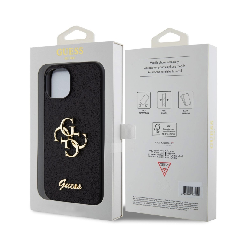Guess PU Fixed Glitter 4G fém logó hátlap iPhone 13 fekete