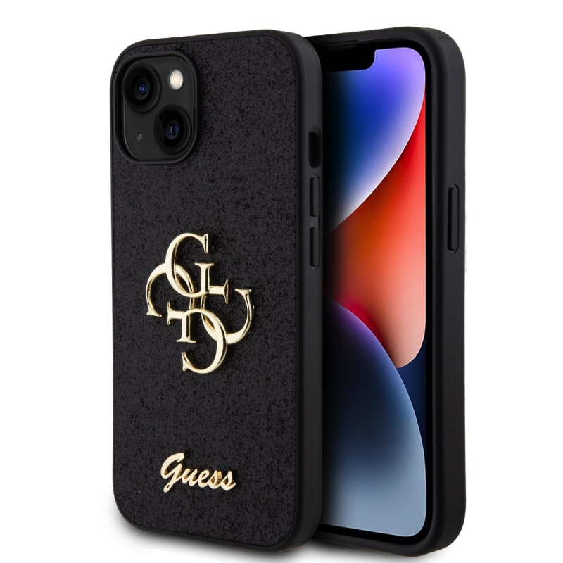 Guess PU Fixed Glitter 4G fém logó hátlap iPhone 15 fekete