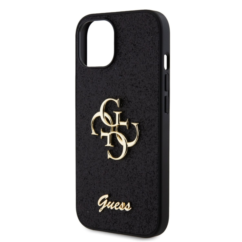 Guess PU Fixed Glitter 4G fém logó hátlap iPhone 15 fekete