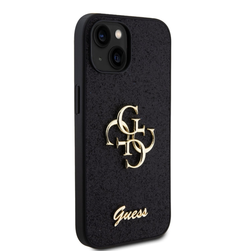 Guess PU Fixed Glitter 4G fém logó hátlap iPhone 15 fekete