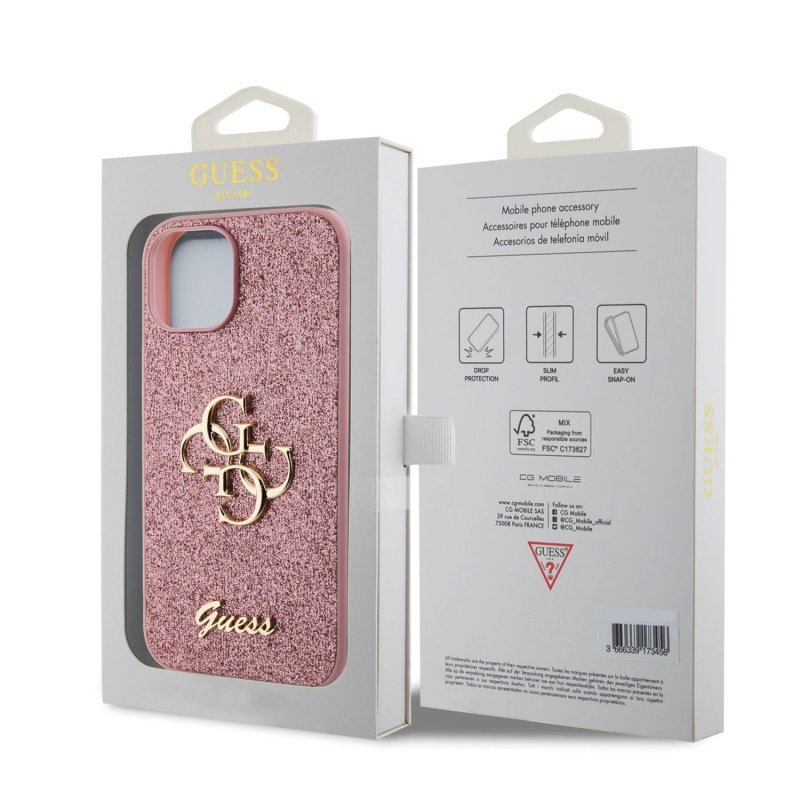 Guess PU Fixed Glitter 4G fém logós hátlap iPhone 15 rózsaszínhez