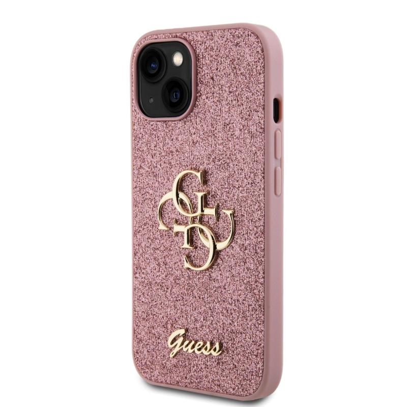 Guess PU Fixed Glitter 4G fém logós hátlap iPhone 15 rózsaszínhez