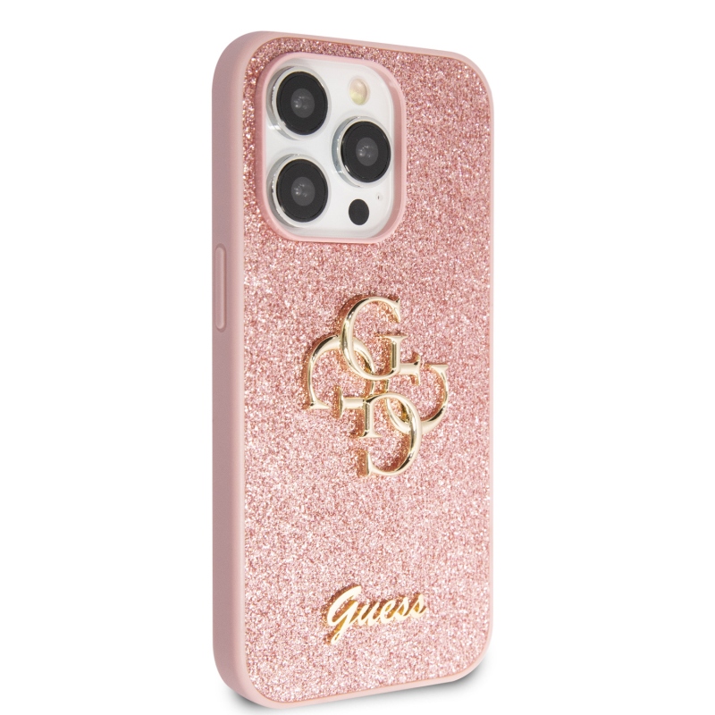 Guess PU Fixed Glitter 4G fém logós hátlap iPhone 15 Pro rózsaszínhez