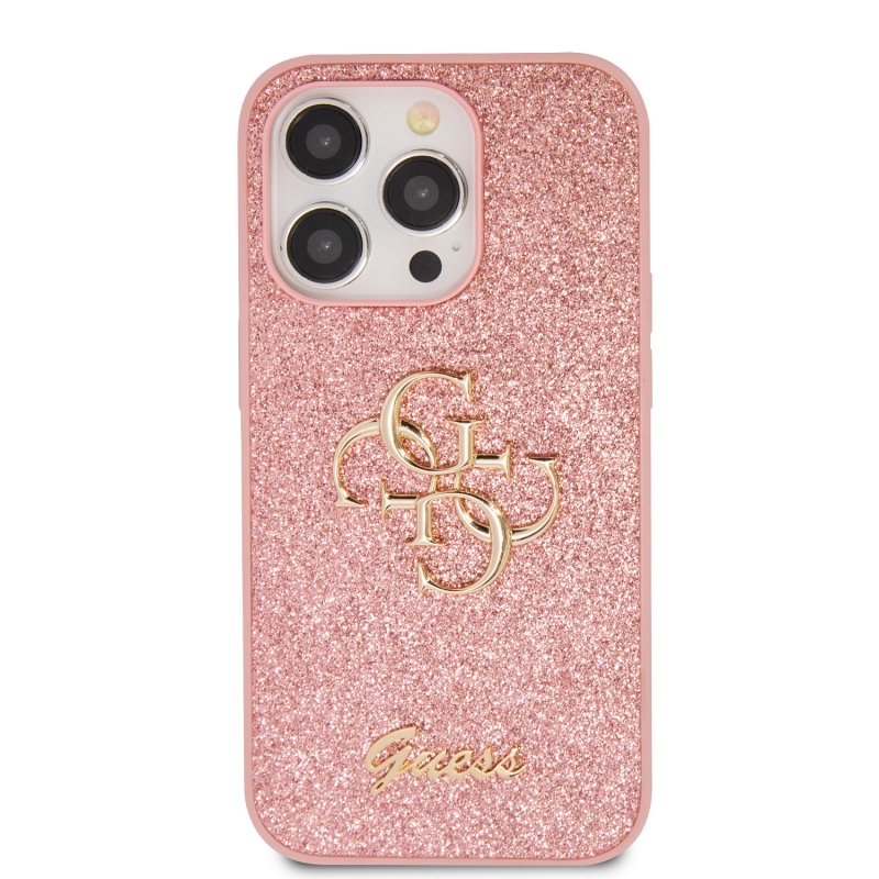 Guess PU Fixed Glitter 4G fém logós hátlap iPhone 15 Pro rózsaszínhez
