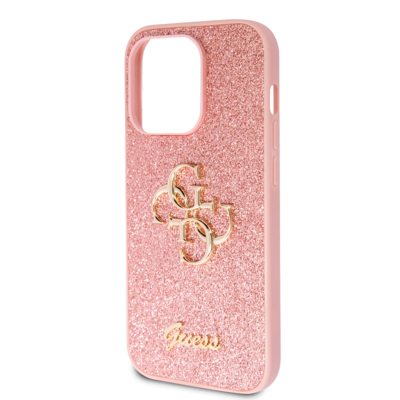 Guess PU Fixed Glitter 4G fém logós hátlap iPhone 15 Pro rózsaszínhez