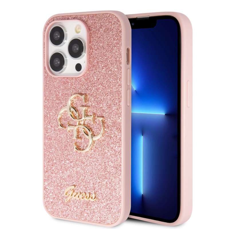Guess PU Fixed Glitter 4G fém logós hátlap iPhone 15 Pro rózsaszínhez