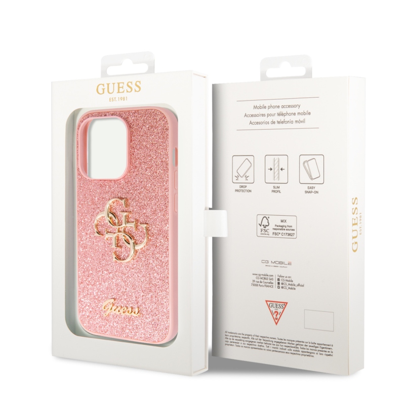 Guess PU Fixed Glitter 4G fém logós hátlap iPhone 15 Pro rózsaszínhez