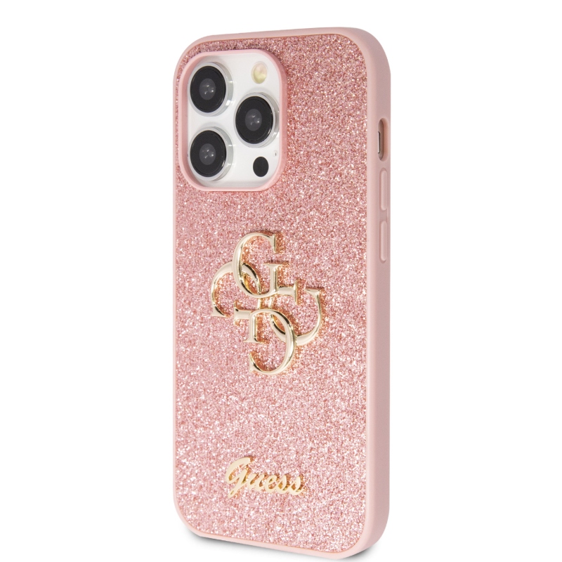 Guess PU Fixed Glitter 4G fém logós hátlap iPhone 15 Pro rózsaszínhez