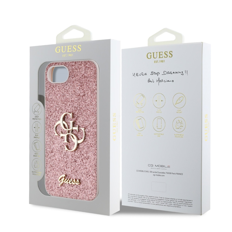 Guess PU Fixed Glitter 4G fém logós hátlap iPhone SE4 rózsaszínhez Rózsaszín
