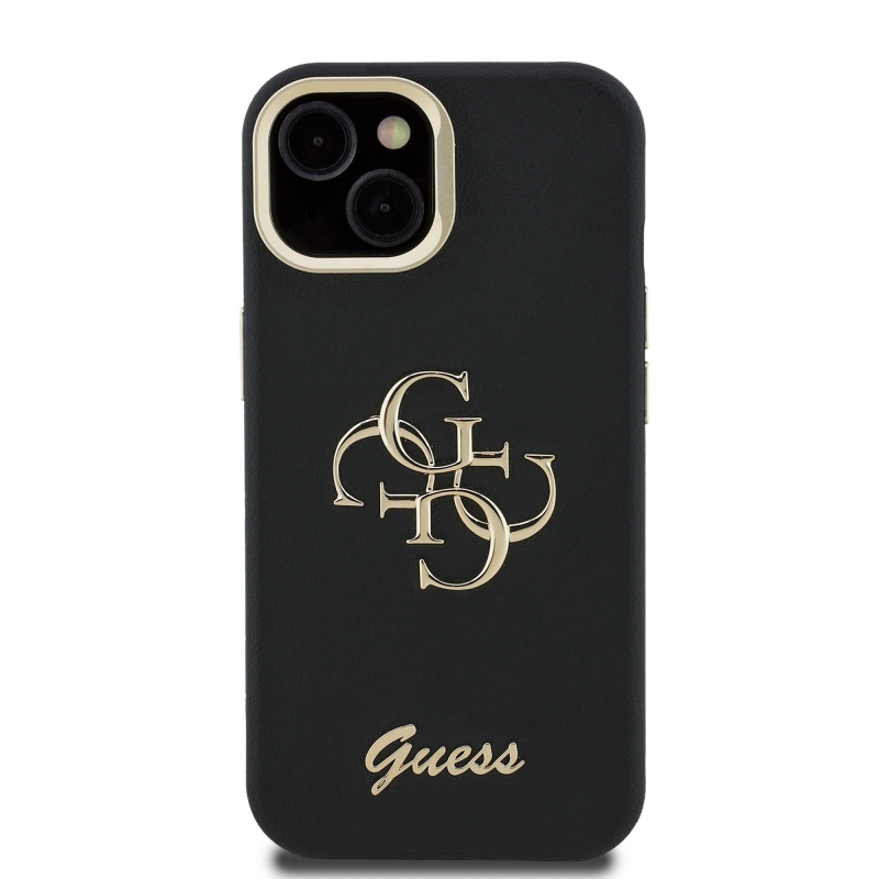 Guess PU szemcsés 4G Logo Stand Kamera keret hátlapi borító iPhone 13-hoz Fekete