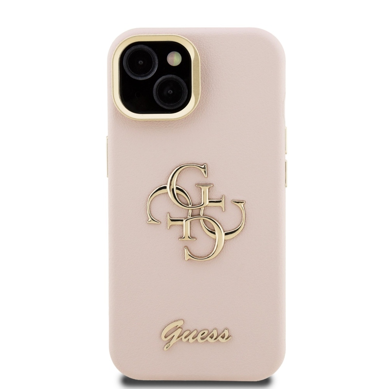 Guess PU szemcsés 4G Logo Stand Kamera keret hátlapi borító iPhone 13 rózsaszínhez