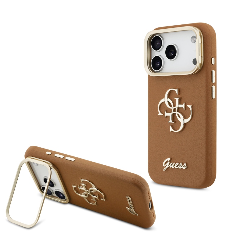 Guess PU szemcsés 4G Logo Stand Kamera keret hátlapi borító iPhone 17 Pro barna barna