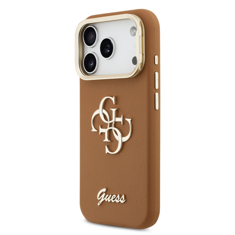 Guess PU szemcsés 4G Logo Stand Kamera keret hátlapi borító iPhone 17 Pro barna barna