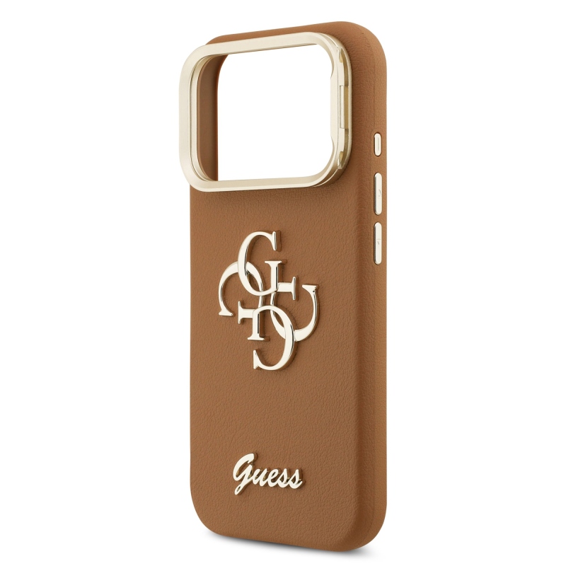 Guess PU szemcsés 4G Logo Stand Kamera keret hátlapi borító iPhone 17 Pro barna barna