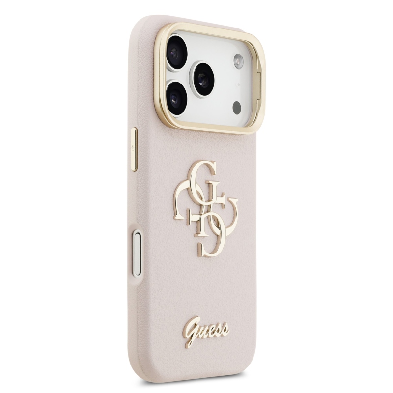 Guess PU szemcsés 4G Logo Stand Kamera keret hátlapi borító iPhone 17 Pro rózsaszínhez