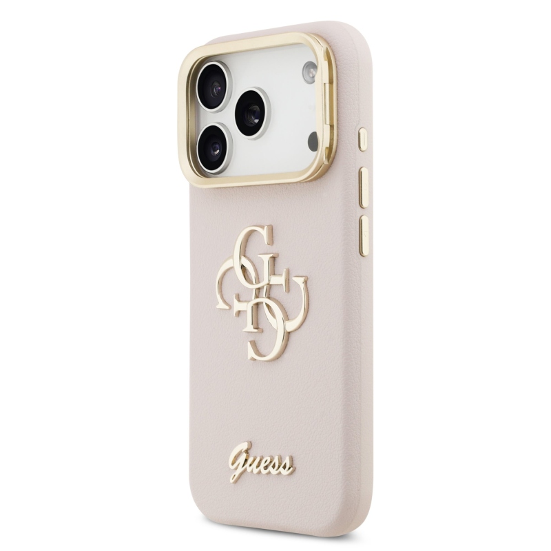 Guess PU szemcsés 4G Logo Stand Kamera keret hátlapi borító iPhone 17 Pro rózsaszínhez