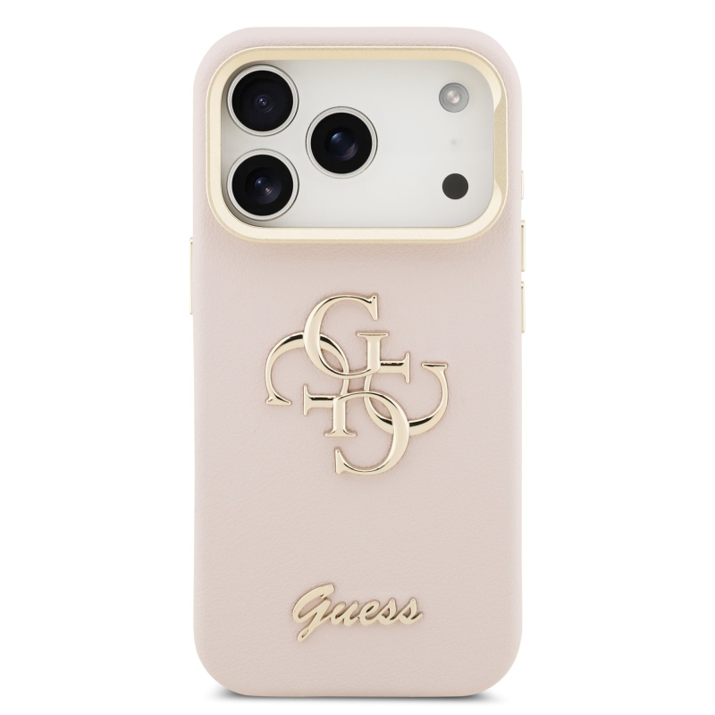 Guess PU szemcsés 4G Logo Stand Kamera keret hátlapi borító iPhone 17 Pro rózsaszínhez
