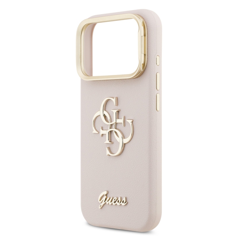 Guess PU szemcsés 4G Logo Stand Kamera keret hátlapi borító iPhone 17 Pro rózsaszínhez
