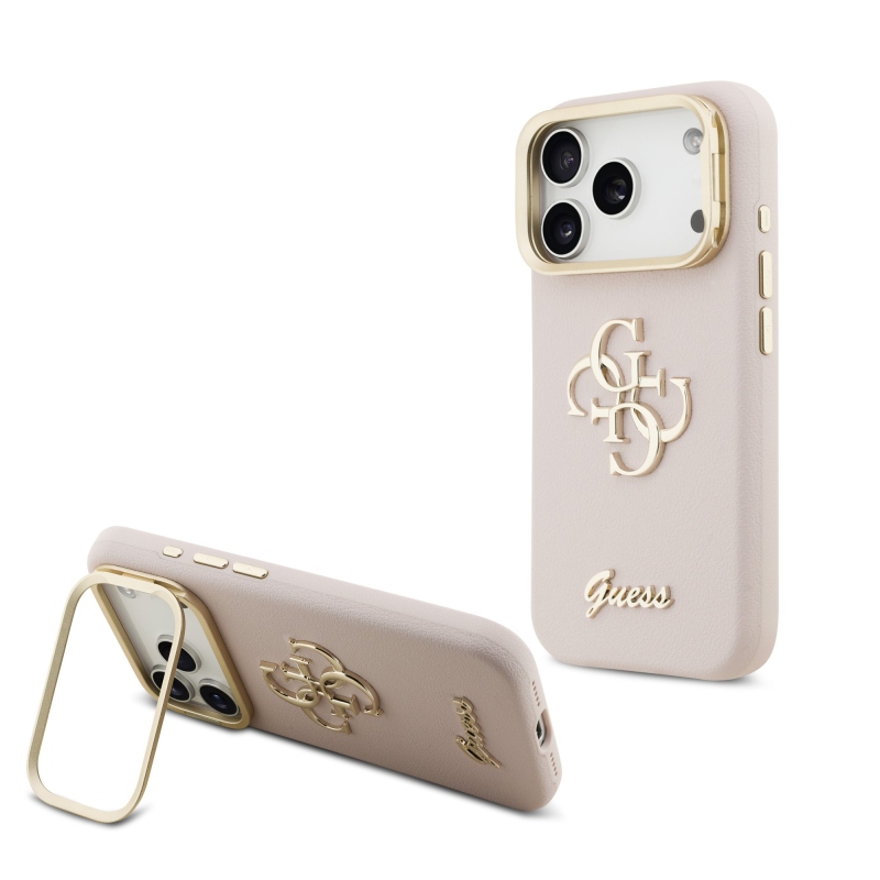 Guess PU szemcsés 4G Logo Stand Kamera keret hátlapi borító iPhone 17 Pro rózsaszínhez