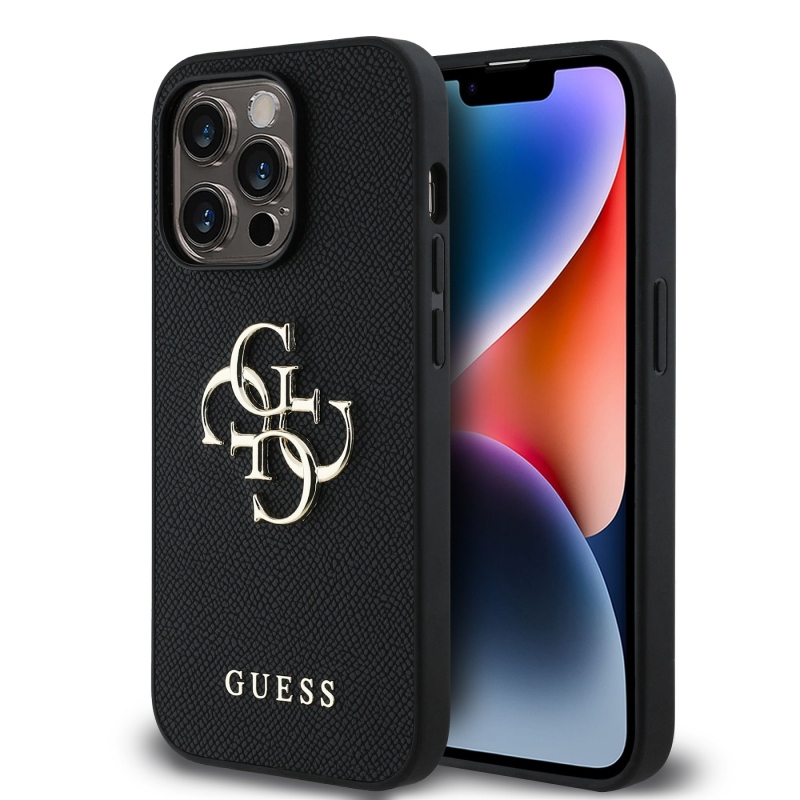 Guess PU szemcsés 4G fém logós hátlap iPhone 14 Pro fekete színűre