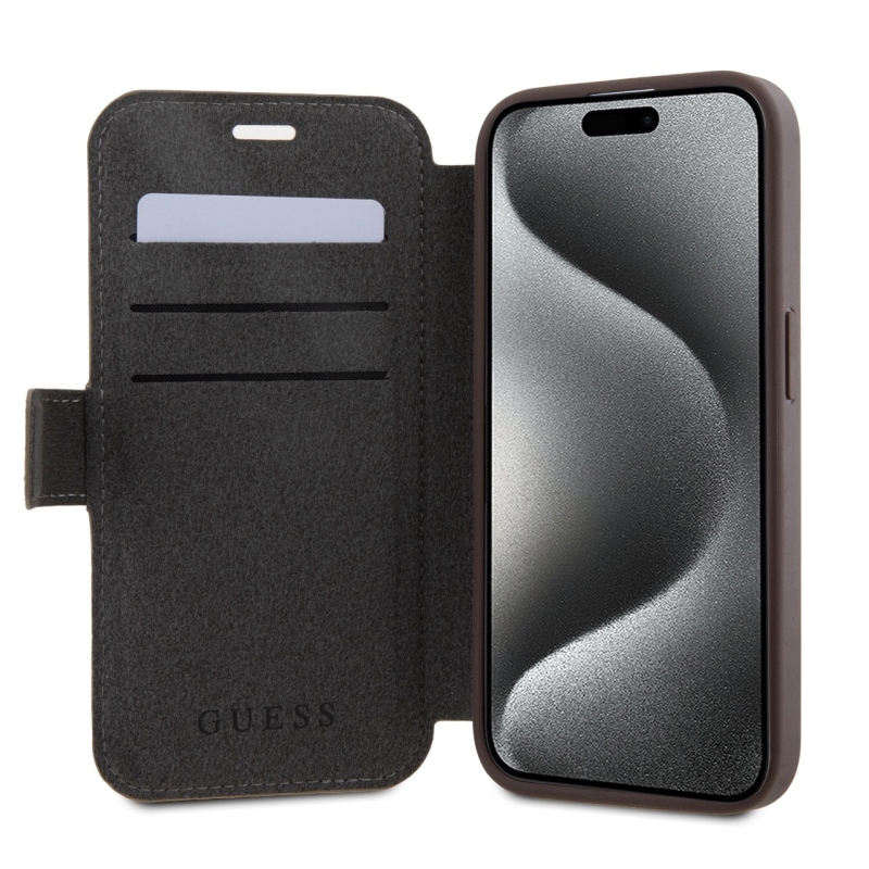 Guess PU bőr 4G fém logós könyv tok iPhone 15 Pro Max barna barna