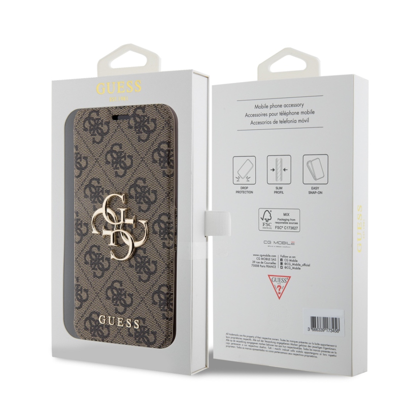 Guess PU bőr 4G fém logós könyv tok iPhone 15 Pro Max barna barna