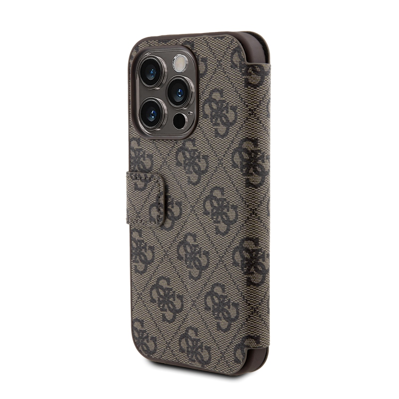 Guess PU bőr 4G fém logós könyv tok iPhone 15 Pro Max barna barna