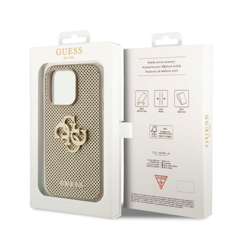 Guess PU perforált 4G csillogó fém logós hátlap iPhone 15 Pro aranyhoz