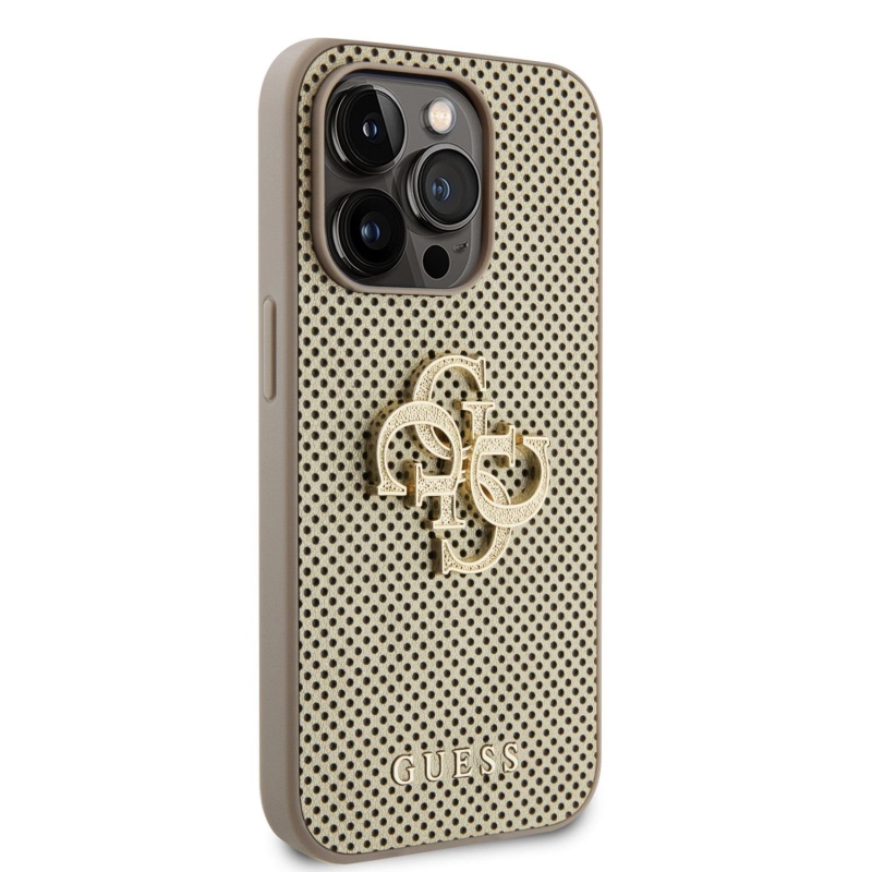 Guess PU perforált 4G csillogó fém logós hátlap iPhone 15 Pro aranyhoz