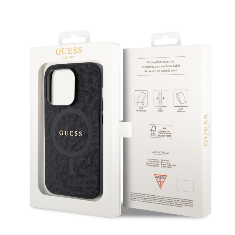 Guess PU Saffiano MagSafe MagSafe hátlap iPhone 15 Pro-hoz Fekete