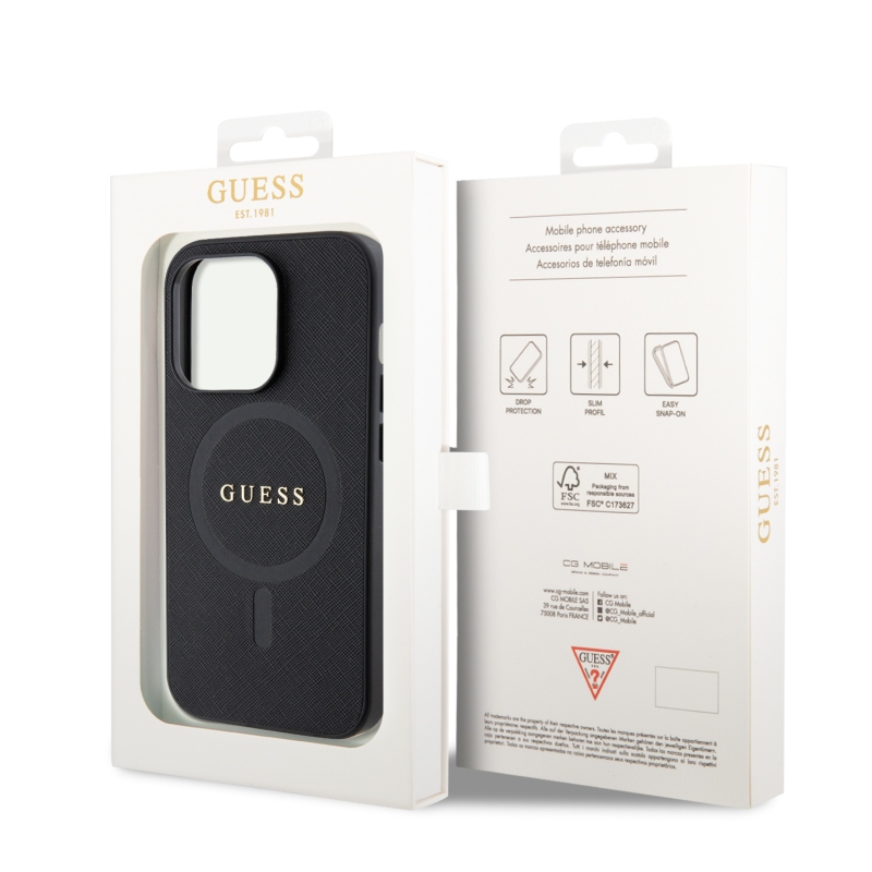 Guess PU Saffiano MagSafe MagSafe hátlap iPhone 15 Pro Max-hoz Fekete